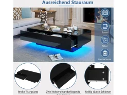 Mesa de centro LED con 2 cajones, diseño moderno, color negro, (115x55x34 cm)