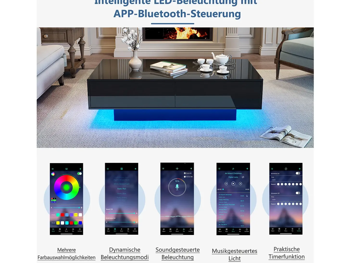 Mesa de centro LED con 2 cajones, diseño moderno, color negro, (115x55x34 cm)