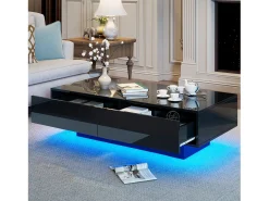 Mesa de centro LED con 2 cajones, diseño moderno, color negro, (115x55x34 cm)