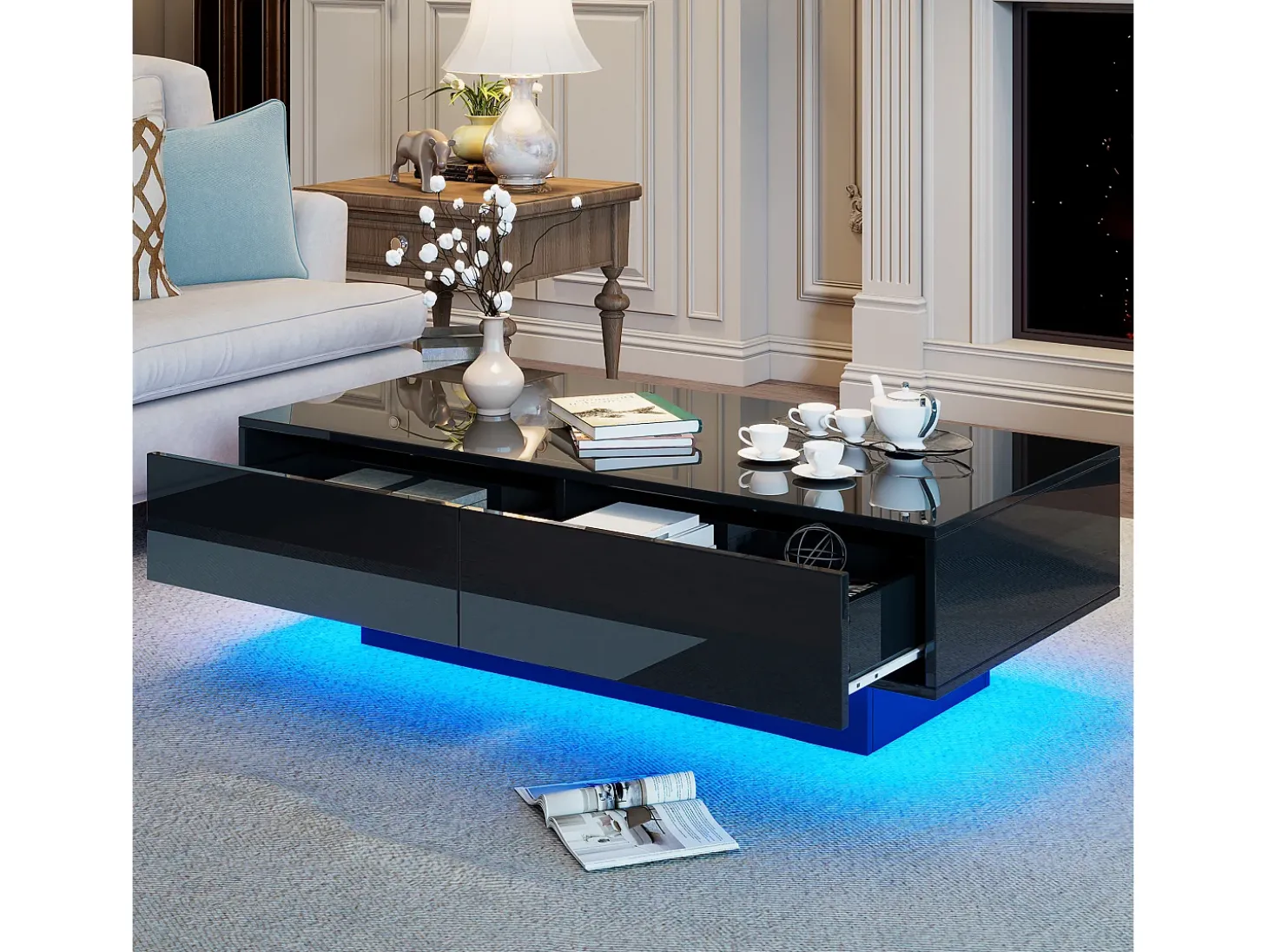 Mesa de centro LED con 2 cajones, diseño moderno, color negro, (115x55x34 cm)