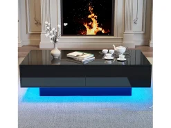Mesa de centro LED con 2 cajones, diseño moderno, color negro, (115x55x34 cm)