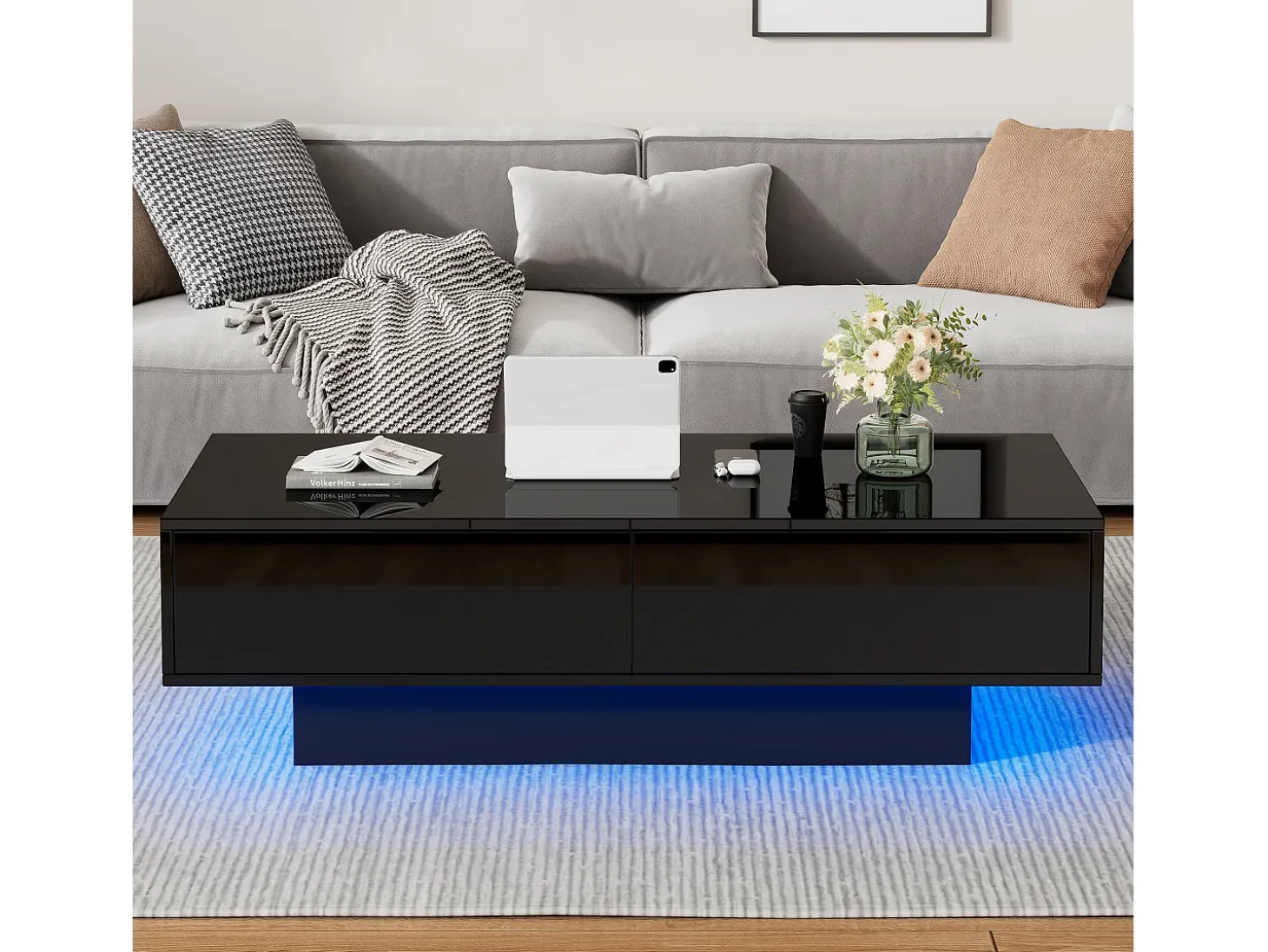 Mesa de centro LED con 2 cajones, diseño moderno, color negro, (115x55x34 cm)