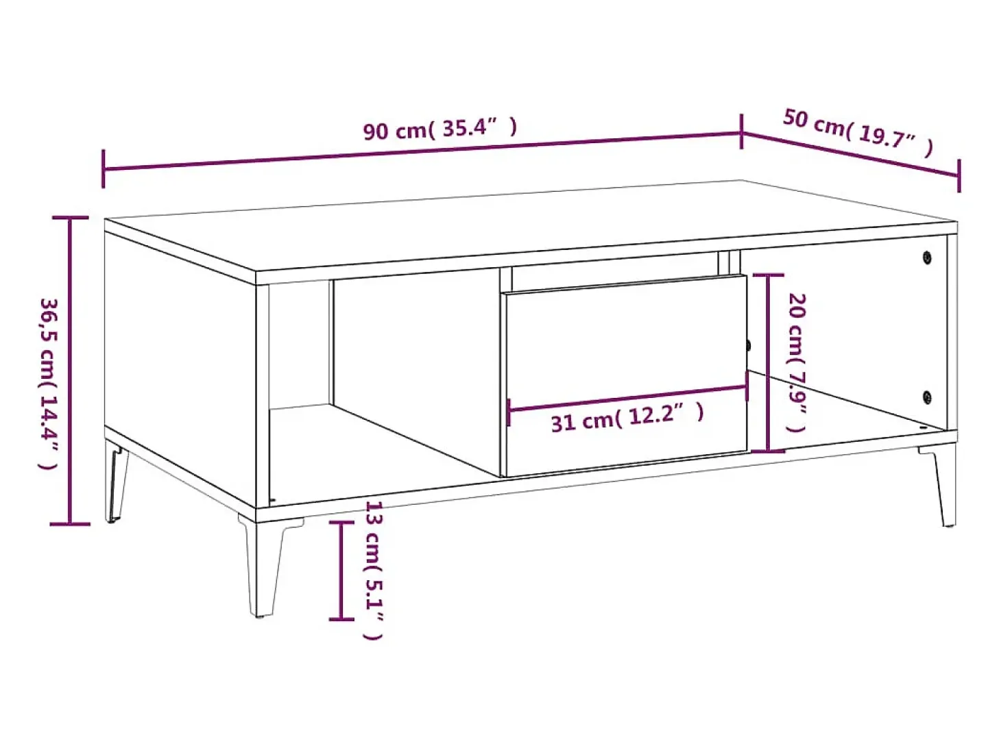 Mesa de centro madera contrachapada blanco 90x50x36,5 cm