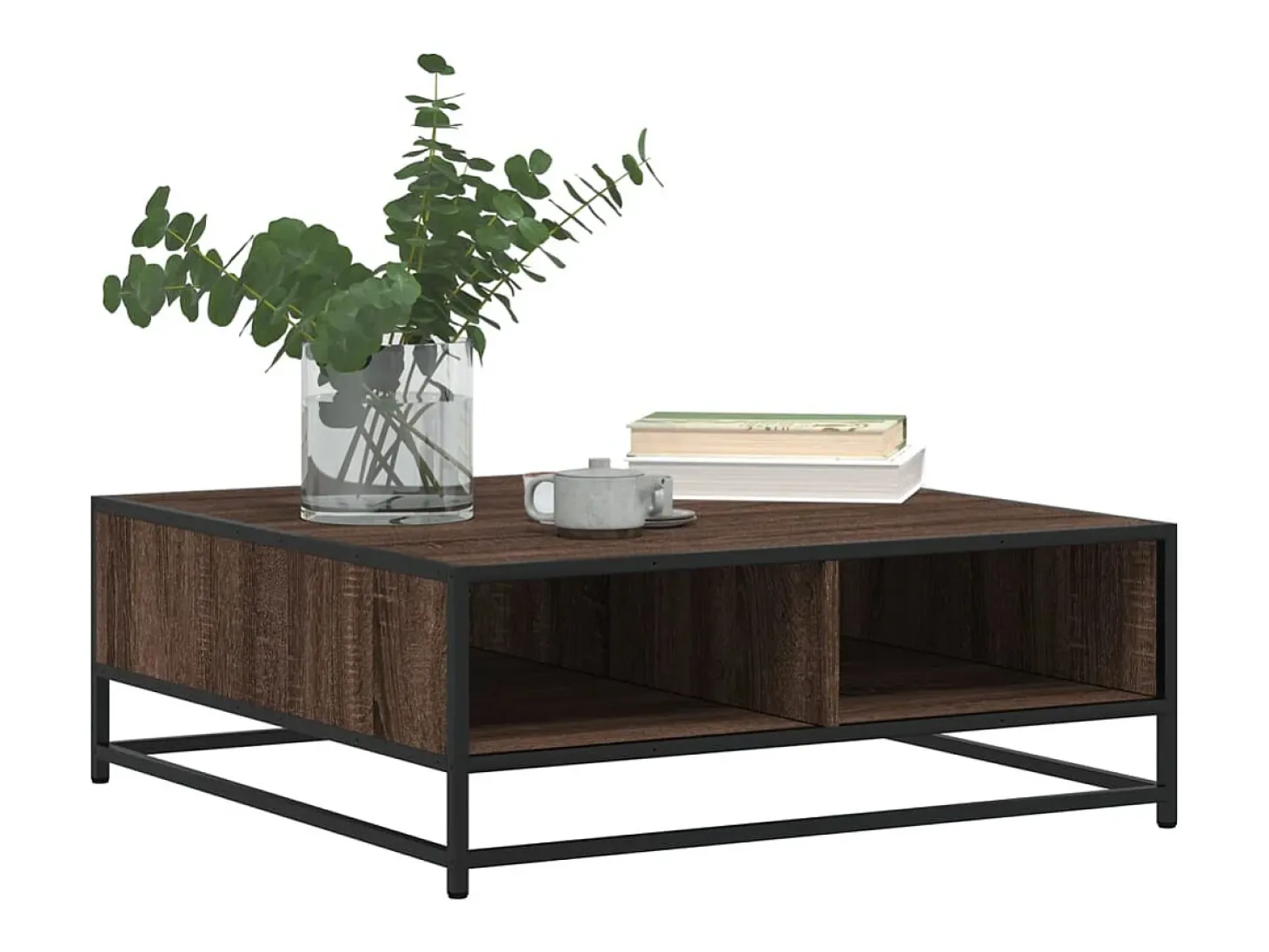 Mesa de centro madera ingeniería metal marrón roble 80x80x30 cm