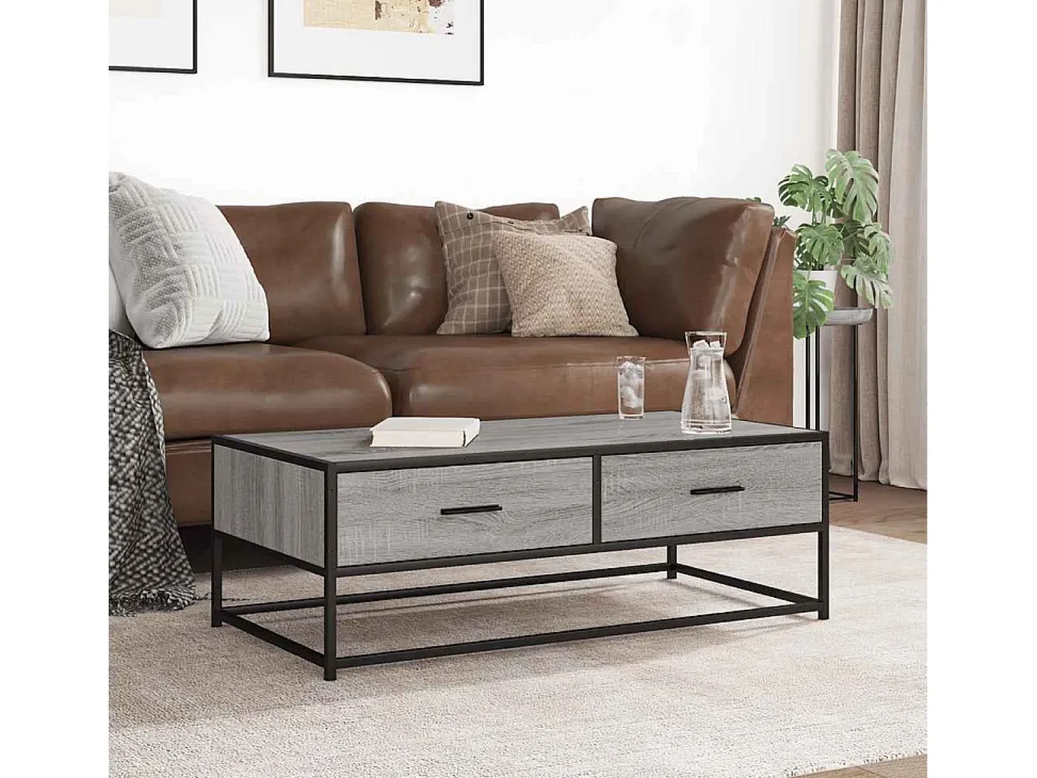 Mesa de centro madera ingeniería metal gris Sonoma 100x50x35 cm