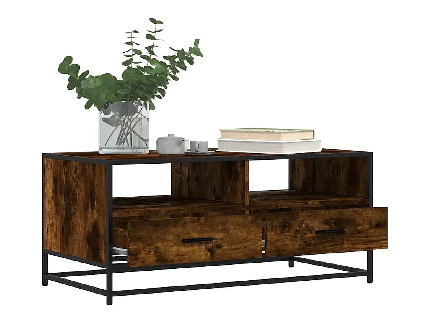 Mesa de centro madera ingeniería metal roble humo 100x50x45 cm