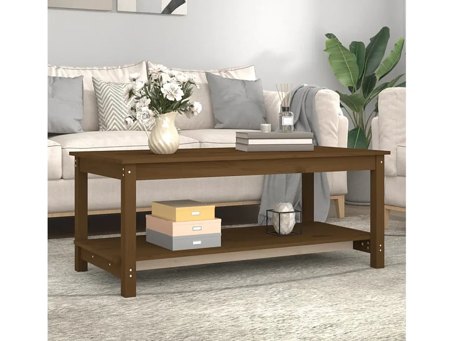 Mesa de centro madera maciza de pino marrón miel 110x55x45 cm