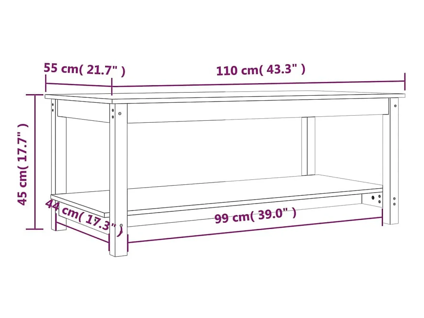 Mesa de centro madera maciza de pino marrón miel 110x55x45 cm
