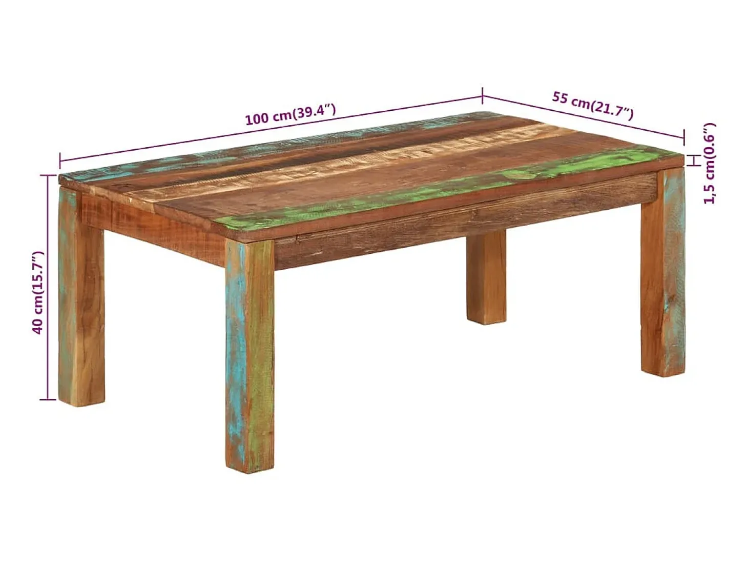 Mesa de centro madera maciza reciclada 100x55x40 cm