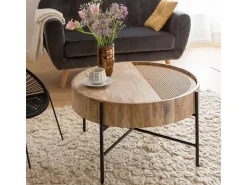 Mesa de centro madera redonda y rejilla Lucie