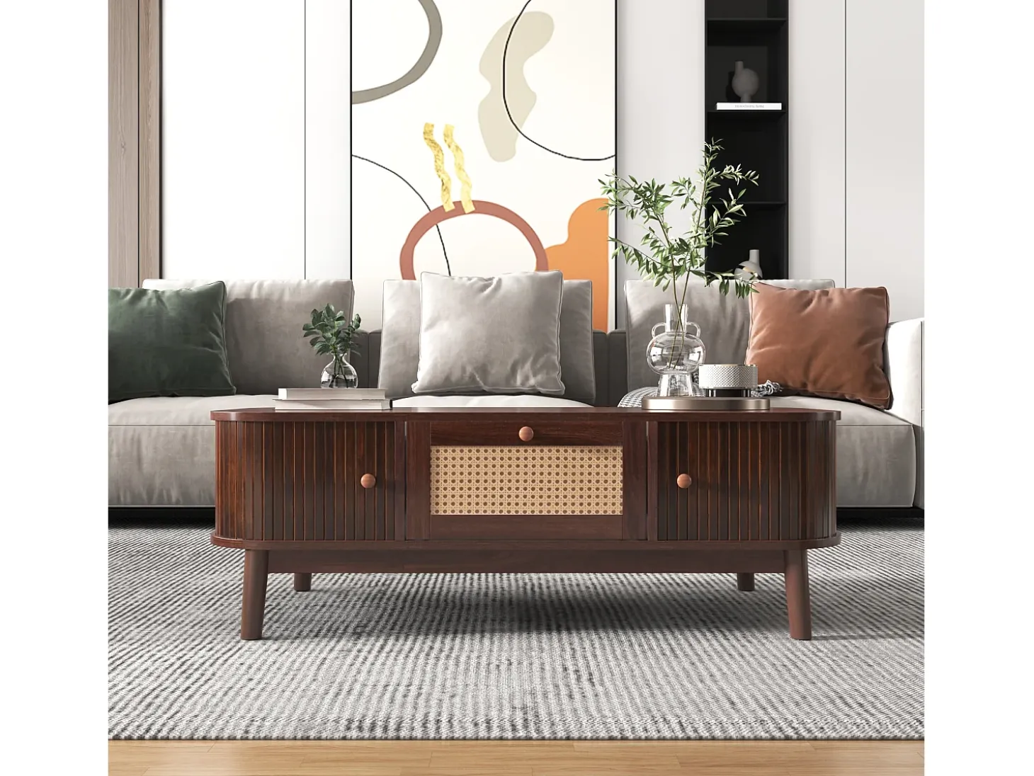 Mesa de centro, Mesa auxiliar con cajones de ratán y puertas correderas, Patas de madera maciza, Marrón