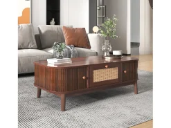 Mesa de centro, Mesa auxiliar con cajones de ratán y puertas correderas, Patas de madera maciza, Marrón