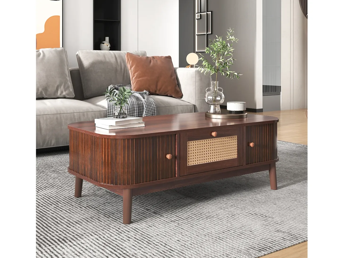 Mesa de centro, Mesa auxiliar con cajones de ratán y puertas correderas, Patas de madera maciza, Marrón