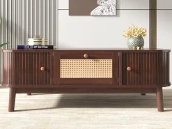 Mesa de centro, Mesa auxiliar con cajones de ratán y puertas correderas, Patas de madera maciza, Marrón