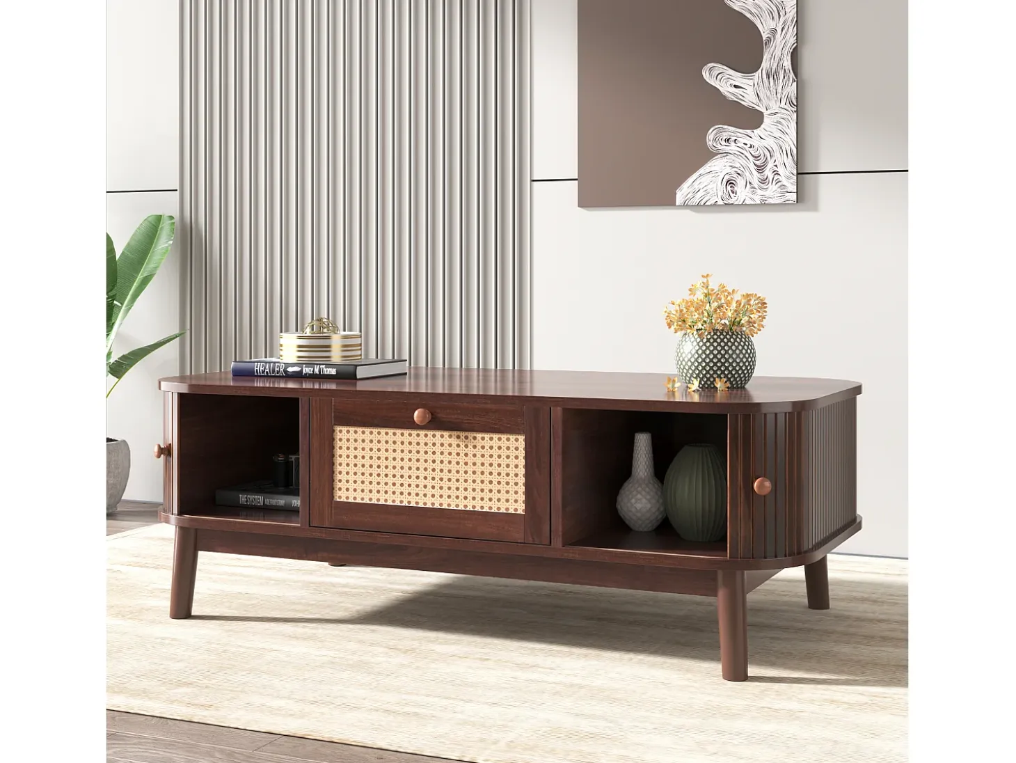 Mesa de centro, Mesa auxiliar con cajones de ratán y puertas correderas, Patas de madera maciza, Marrón