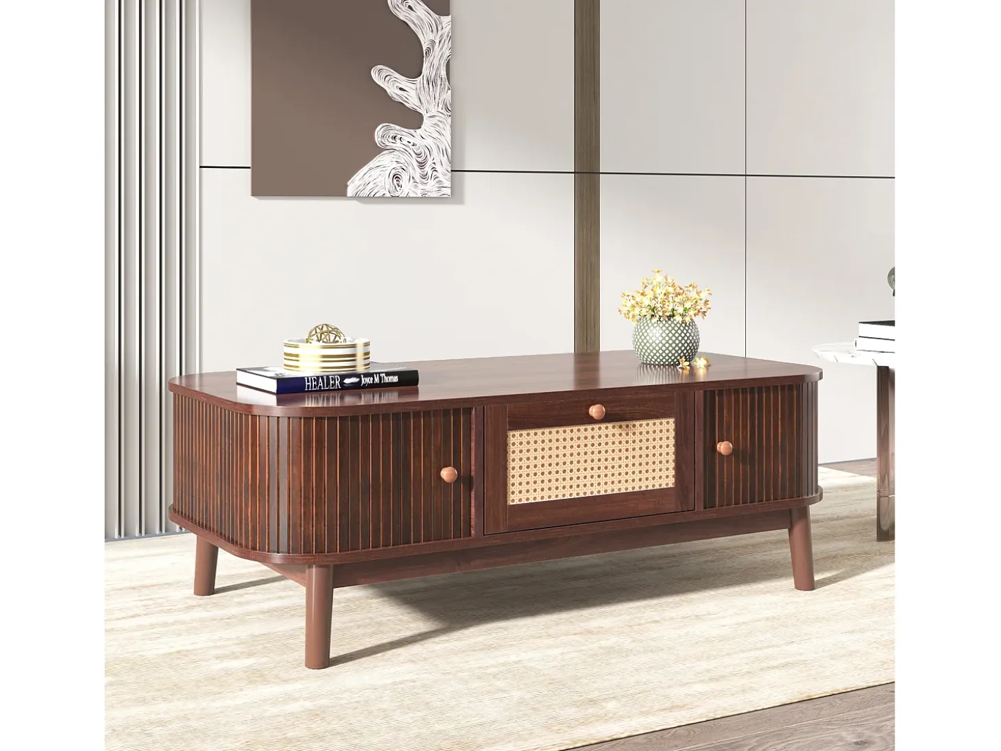 Mesa de centro, Mesa auxiliar con cajones de ratán y puertas correderas, Patas de madera maciza, Marrón