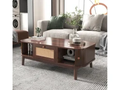 Mesa de centro, Mesa auxiliar con cajones de ratán y puertas correderas, Patas de madera maciza, Marrón