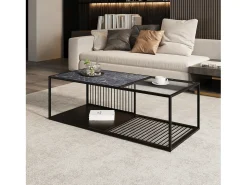 Mesa de centro, mesa de centro de hierro forjado con cristal, gran espacio de almacenamiento.