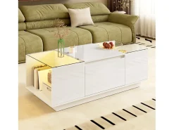 Mesa de centro moderna - 105 x 50 x 35 cm - con 2 cajones + LED - tablero de cristal - aglomerado - blanco