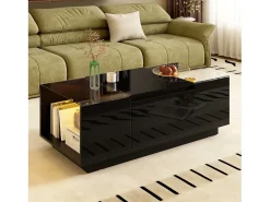 Mesa de centro moderna - 105 x 50 x 35 cm - con 2 cajones + LED - tablero de cristal - aglomerado - negro