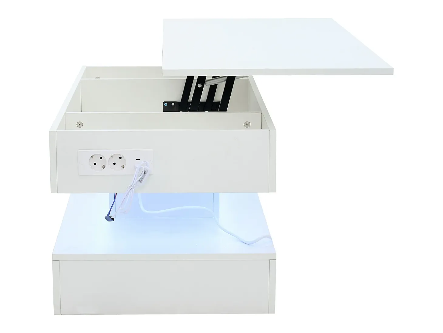 Mesa de centro moderna - Mesa de centro blanca con iluminación LED y toma de carga - elevación hidráulica