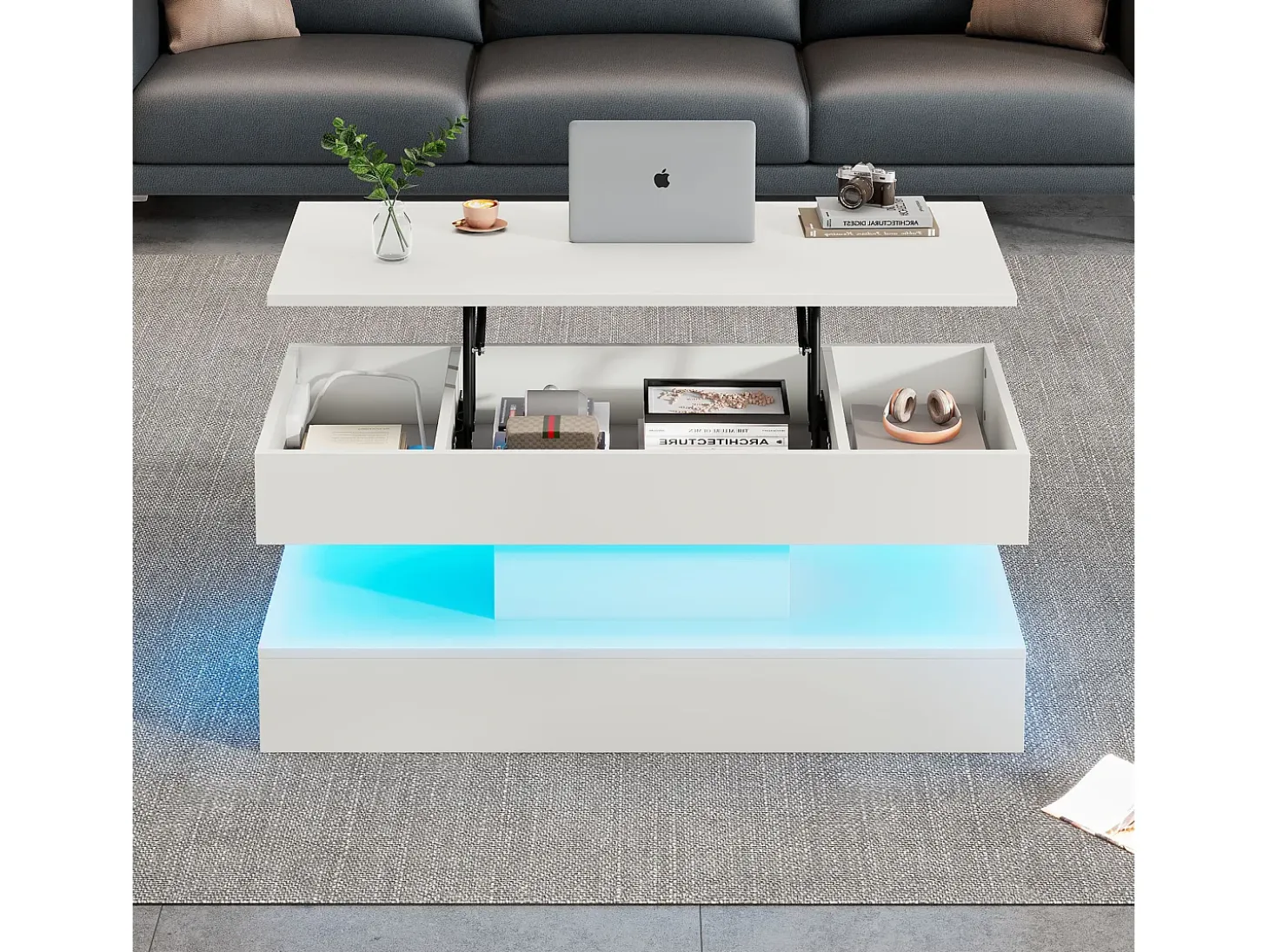 Mesa de centro moderna - Mesa de centro blanca con iluminación LED y toma de carga - elevación hidráulica