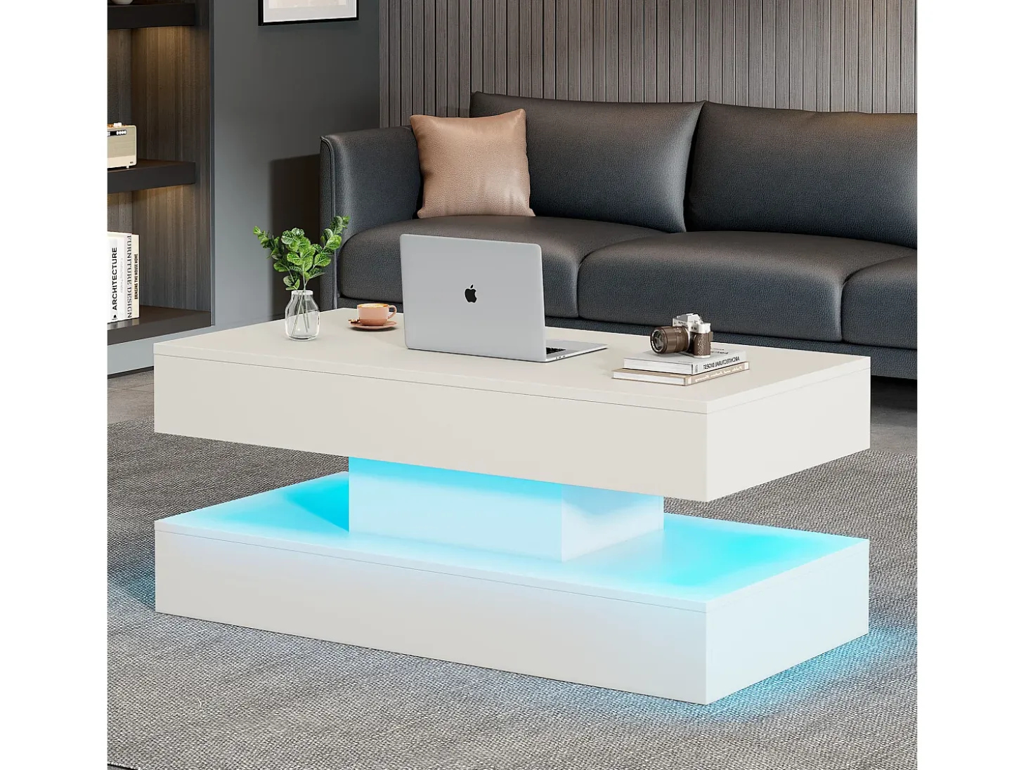 Mesa de centro moderna - Mesa de centro blanca con iluminación LED y toma de carga - elevación hidráulica