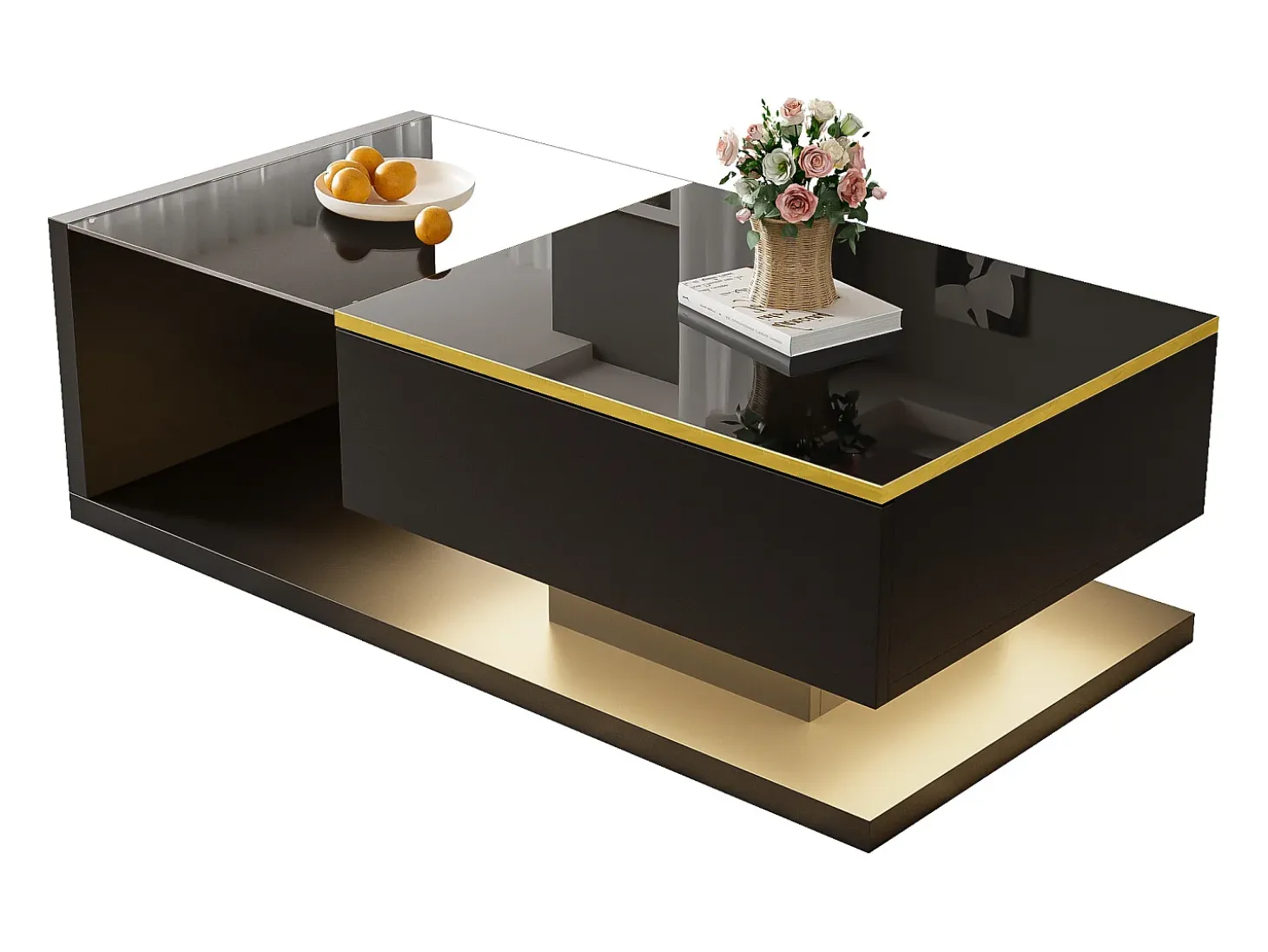 Mesa de centro moderna - Vidrio - Iluminación LED - Almacenamiento - Negro