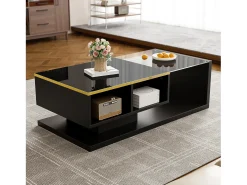 Mesa de centro moderna - Vidrio - Iluminación LED - Almacenamiento - Negro