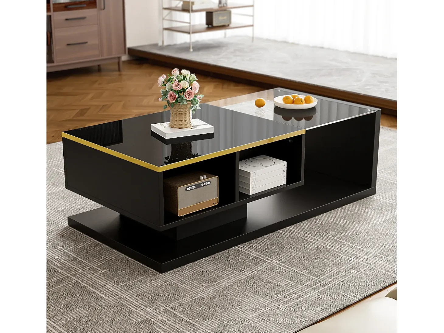Mesa de centro moderna - Vidrio - Iluminación LED - Almacenamiento - Negro