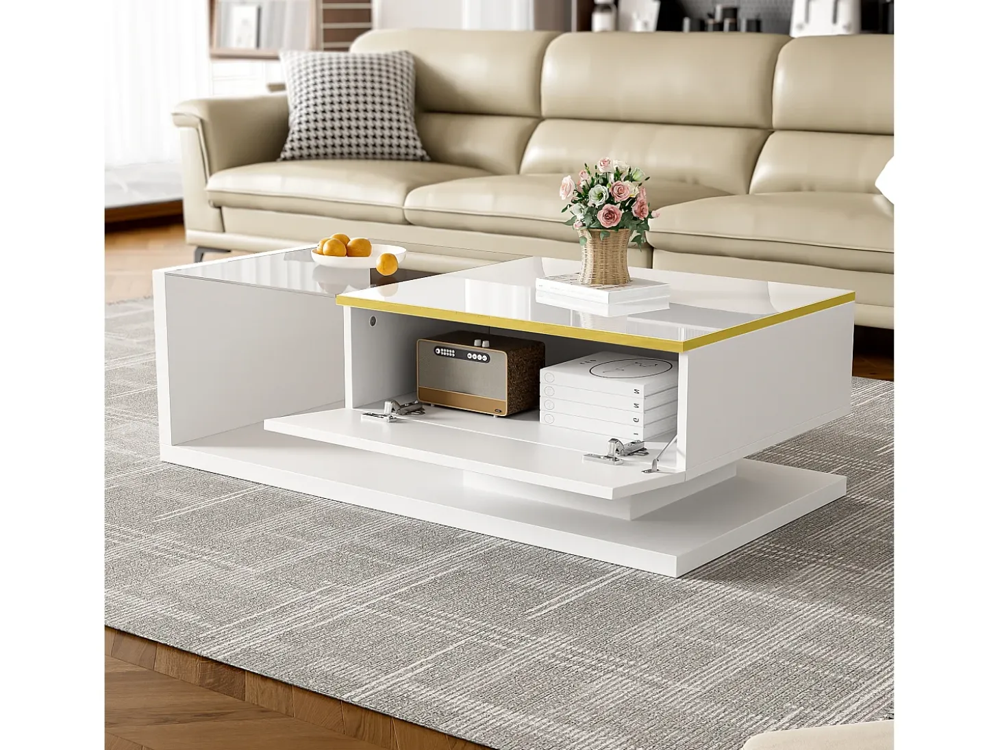 Mesa de centro moderna - Vidrio - Iluminación LED - Almacenamiento - Blanco