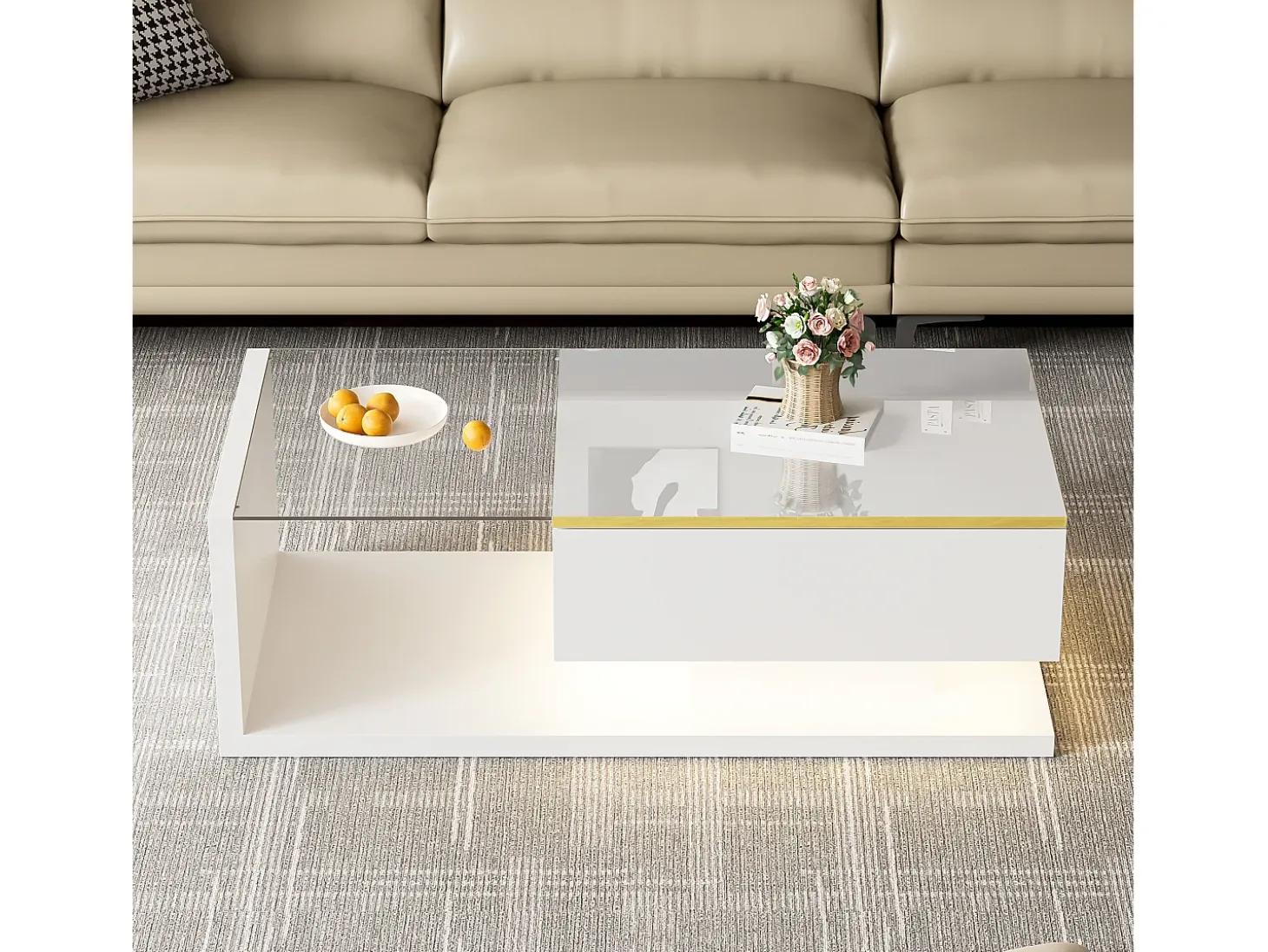 Mesa de centro moderna - Vidrio - Iluminación LED - Almacenamiento - Blanco