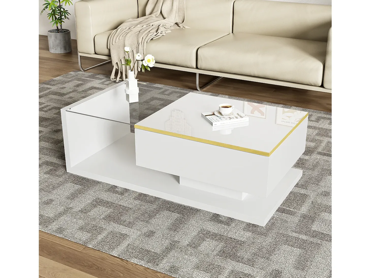 Mesa de centro moderna - Vidrio - Iluminación LED - Almacenamiento - Blanco