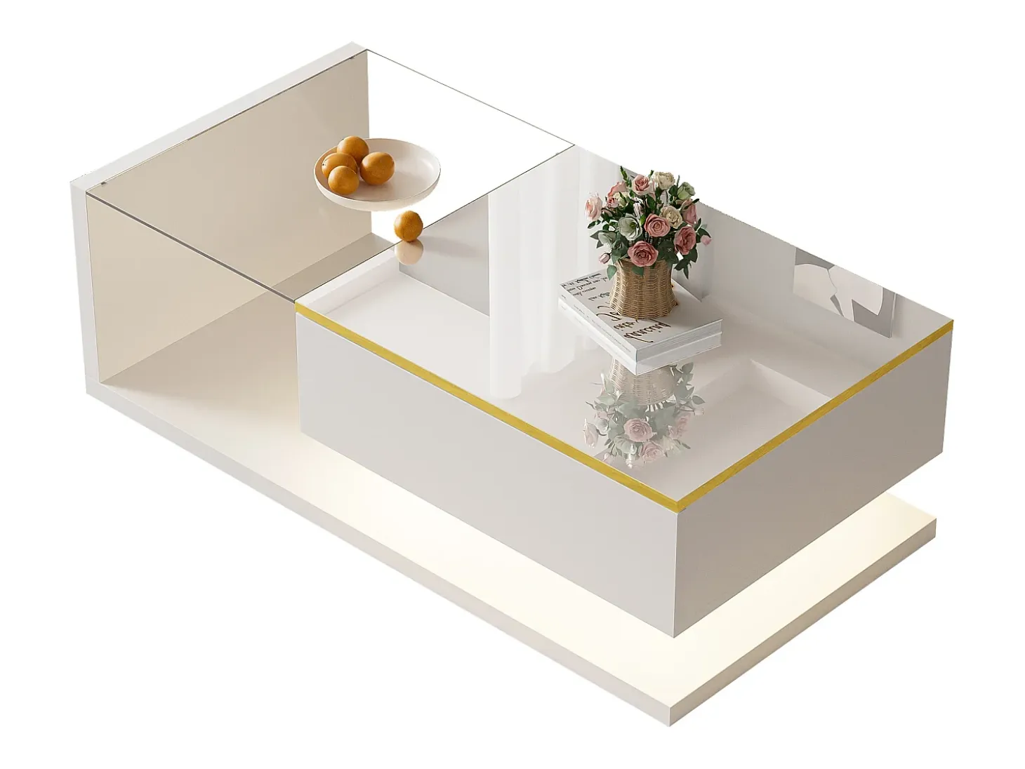 Mesa de centro moderna - Vidrio - Iluminación LED - Almacenamiento - Blanco
