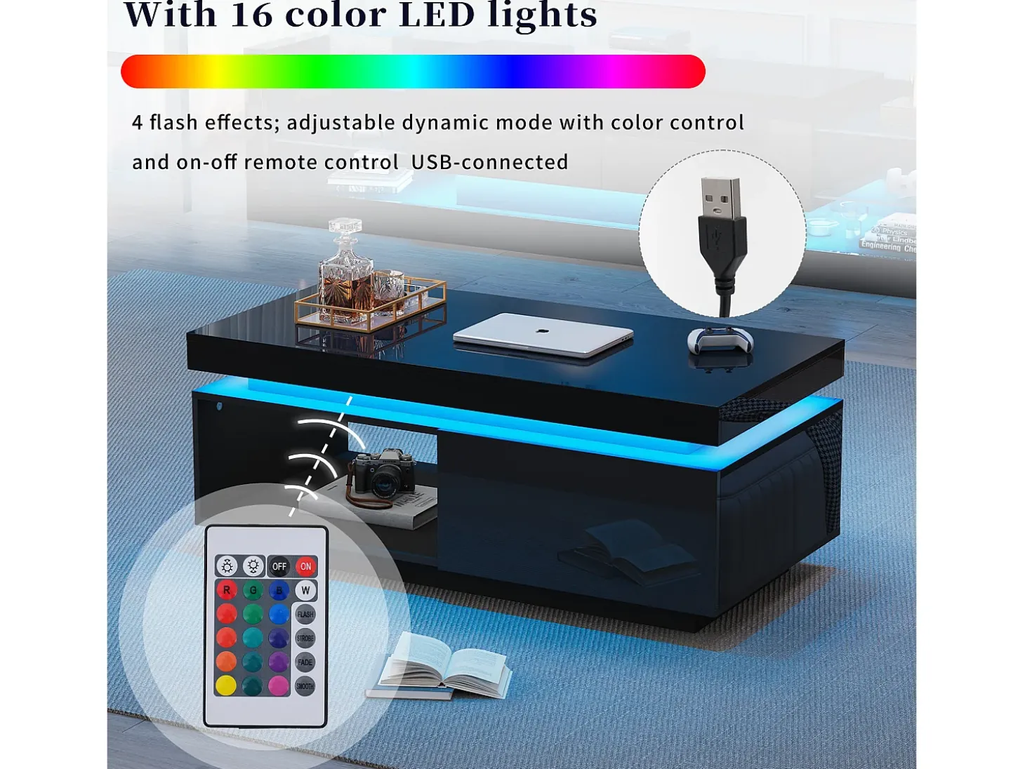 Mesa de centro moderna con iluminación LED, 1 cajón, alto brillo, color negro (100x50x40,3 cm)