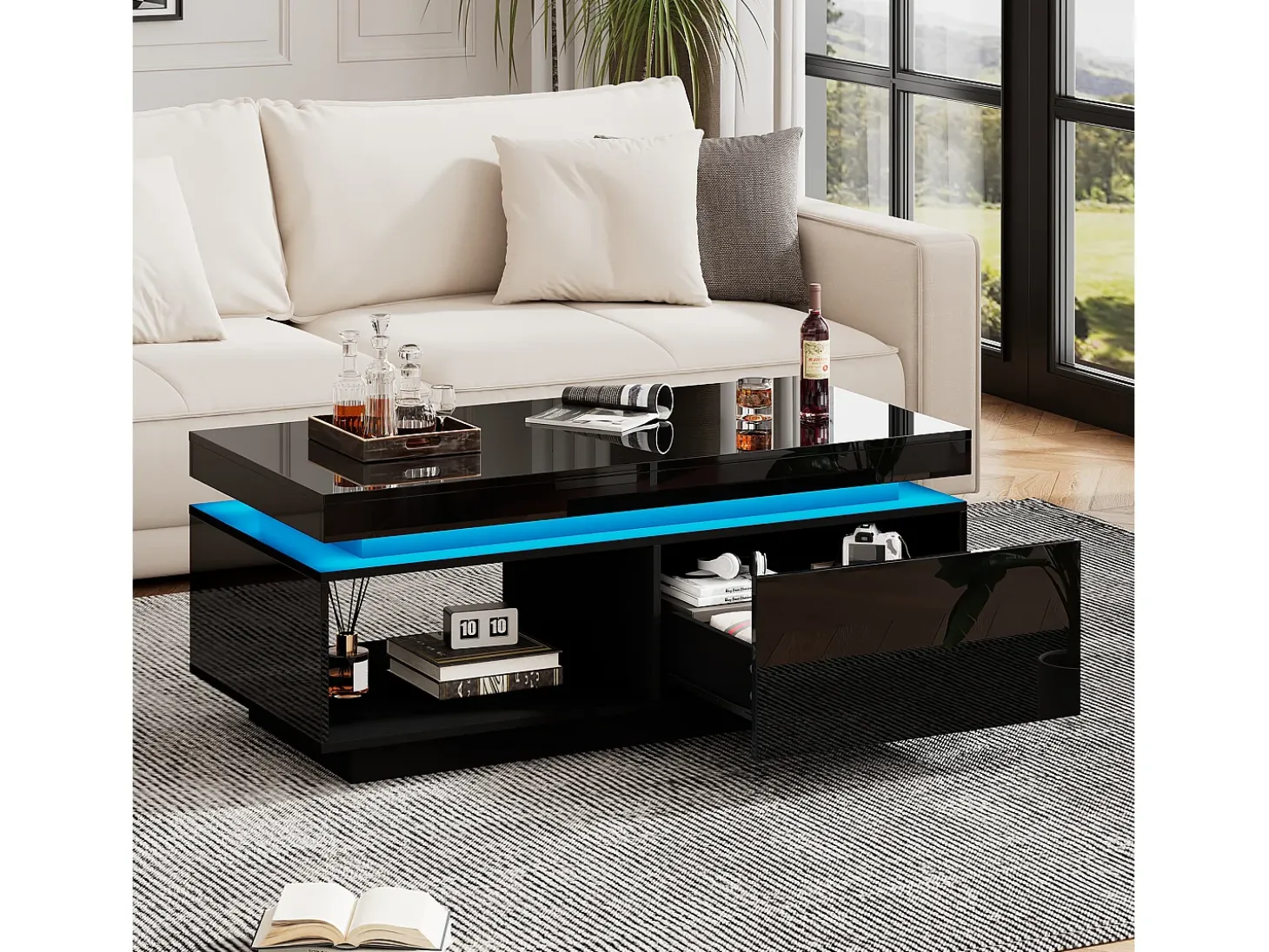 Mesa de centro moderna con iluminación LED, 1 cajón, alto brillo, color negro (100x50x40,3 cm)