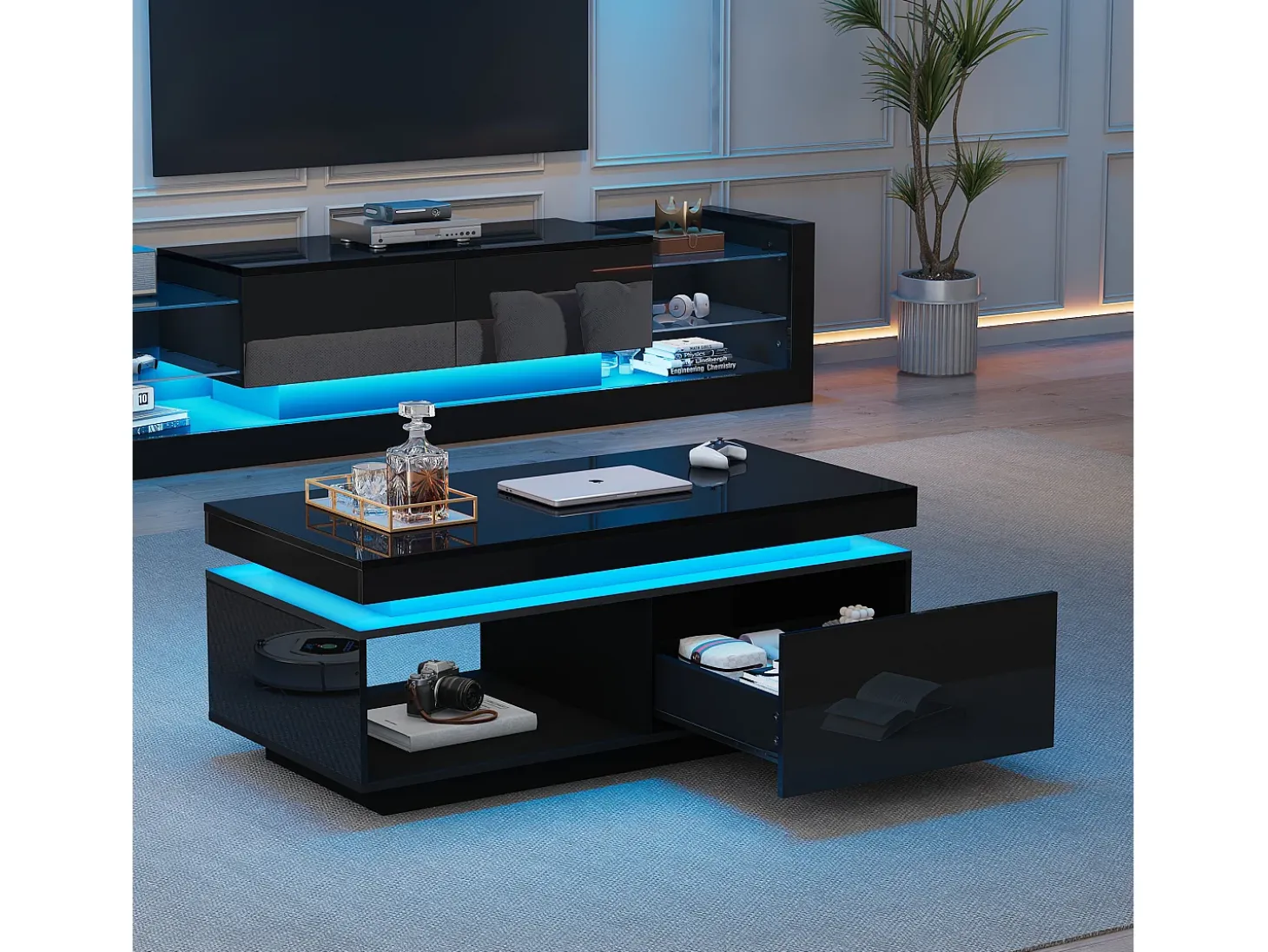 Mesa de centro moderna con iluminación LED, 1 cajón, alto brillo, color negro (100x50x40,3 cm)