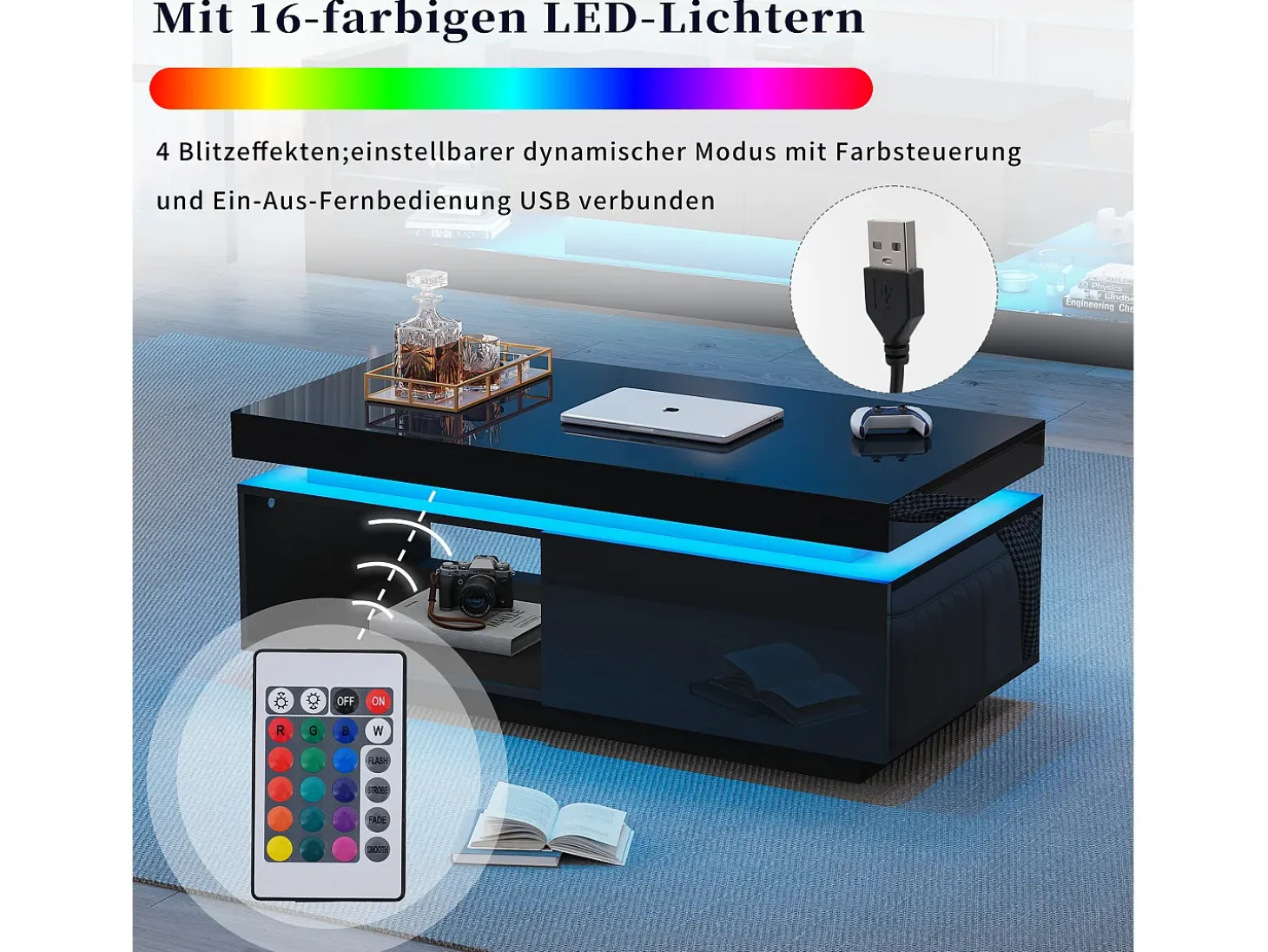 Mesa de centro moderna con iluminación LED, 1 cajón, alto brillo, color negro (100x50x40,3 cm)