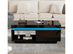 Mesa de centro moderna con iluminación LED, 1 cajón, alto brillo, color negro (100x50x40,3 cm)