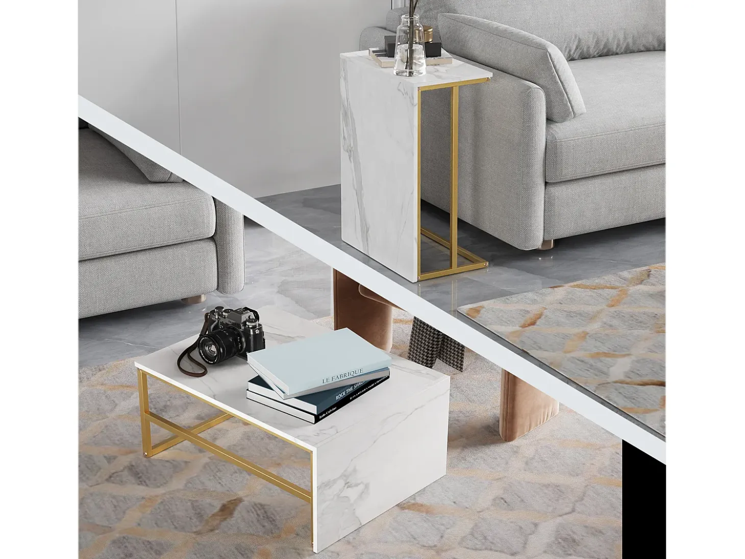 Mesa de centro moderna con almacenamiento de doble capa: diseño anticolisión con esquinas redondeadas, tablero grande de 105 cm con estantes abiertos.