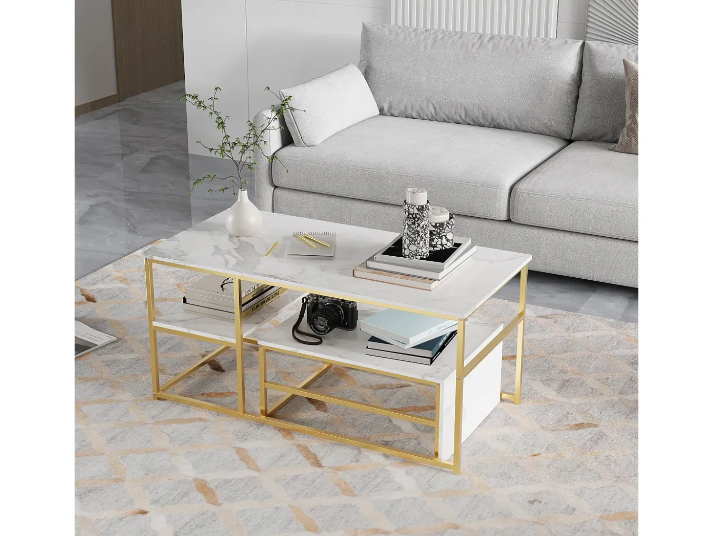 Mesa de centro moderna con almacenamiento de doble capa: diseño anticolisión con esquinas redondeadas, tablero grande de 105 cm con estantes abiertos.