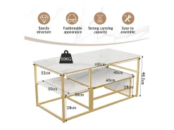 Mesa de centro moderna con almacenamiento de doble capa: diseño anticolisión con esquinas redondeadas, tablero grande de 105 cm con estantes abiertos.