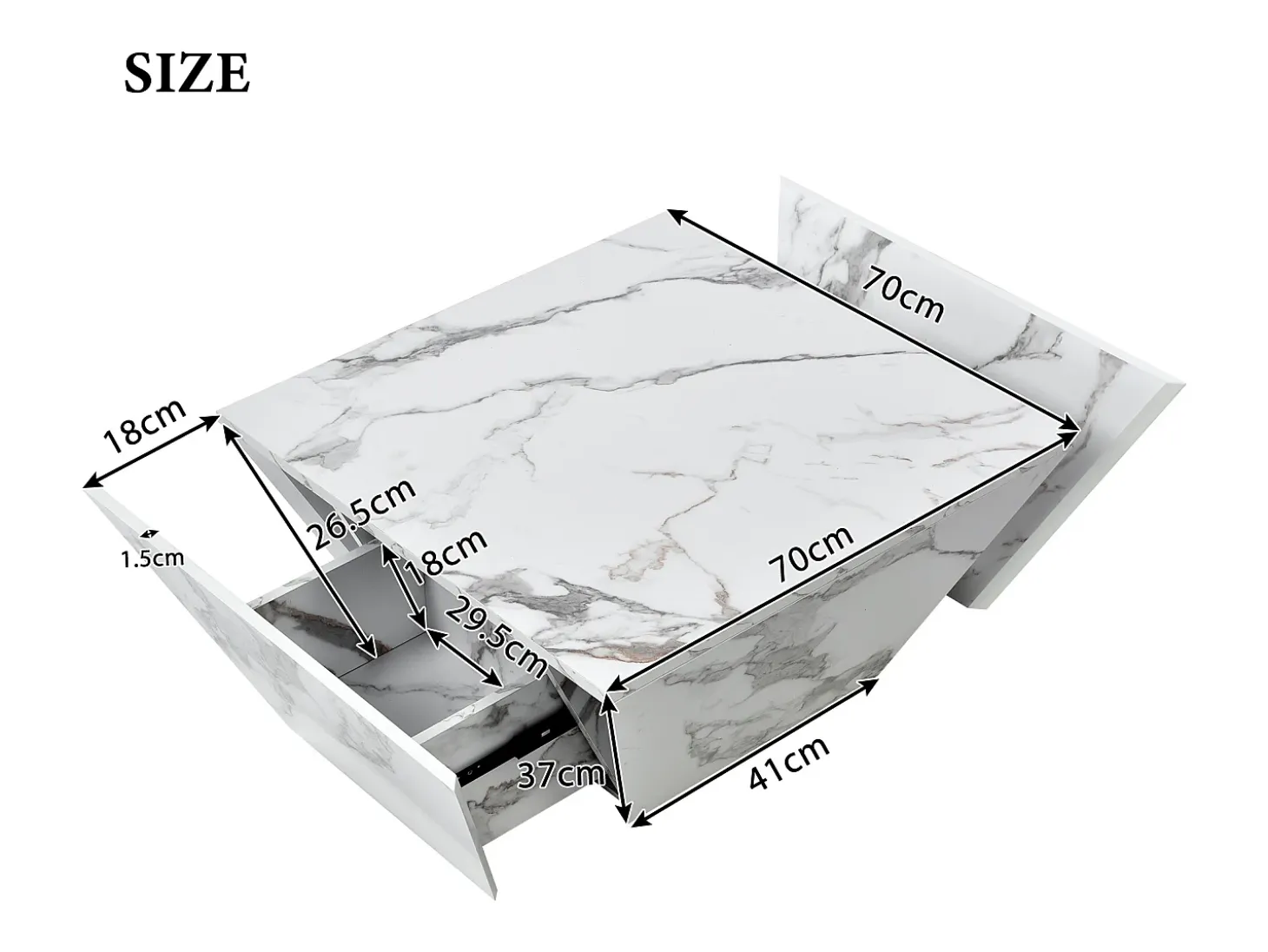 Mesa de centro moderna con forma de tambor, chapa de mármol blanco, 2 cajones, madera MDF, 70 x 70 x 37 cm