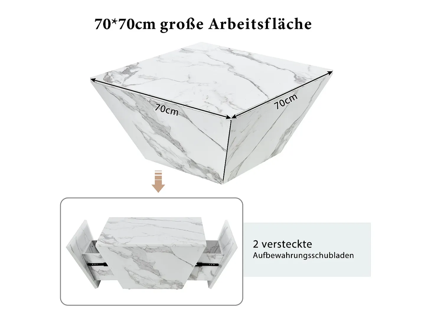Mesa de centro moderna con forma de tambor, chapa de mármol blanco, 2 cajones, madera MDF, 70 x 70 x 37 cm