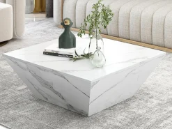 Mesa de centro moderna con forma de tambor, chapa de mármol blanco, 2 cajones, madera MDF, 70 x 70 x 37 cm