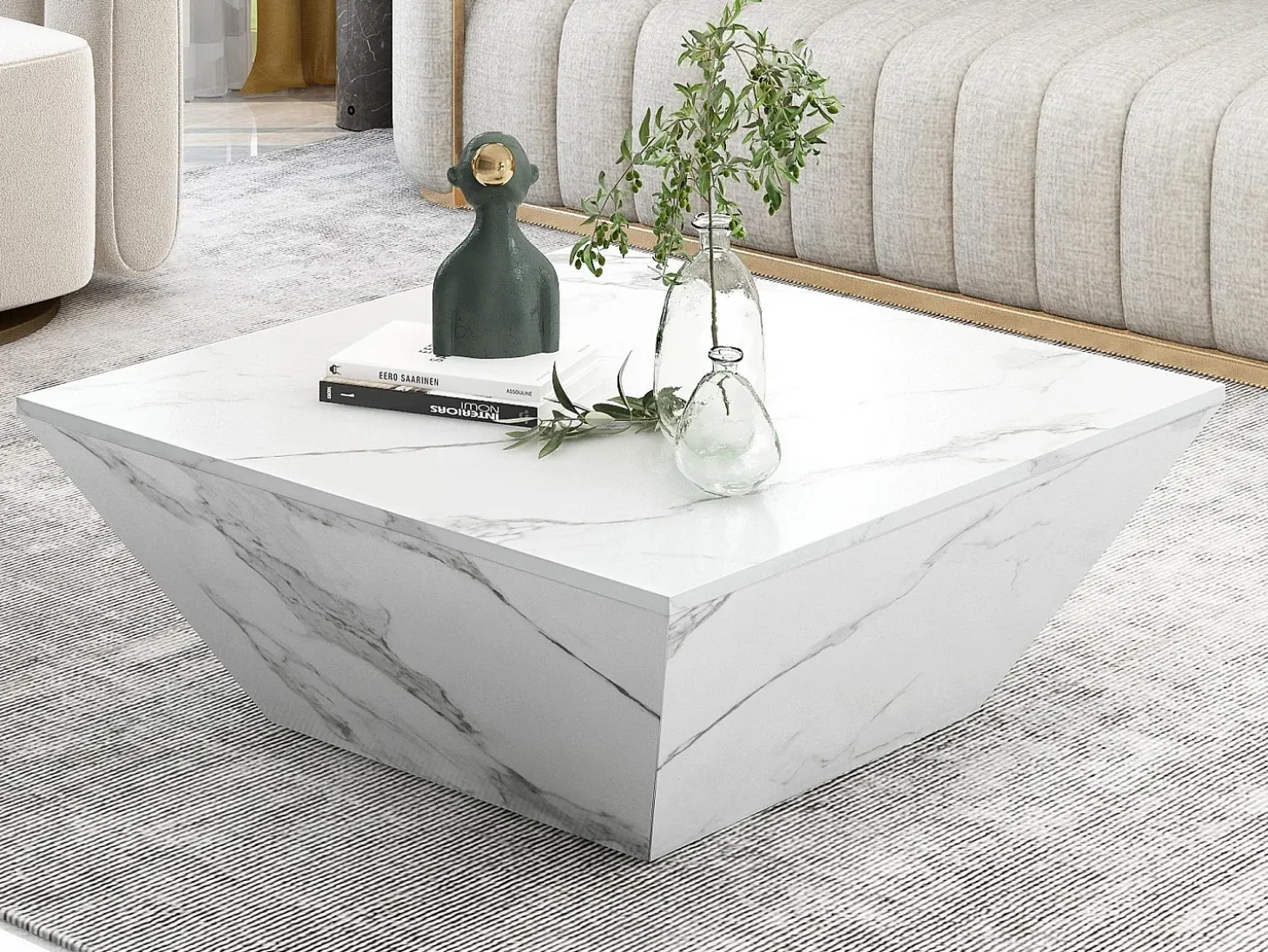 Mesa de centro moderna con forma de tambor, chapa de mármol blanco, 2 cajones, madera MDF, 70 x 70 x 37 cm