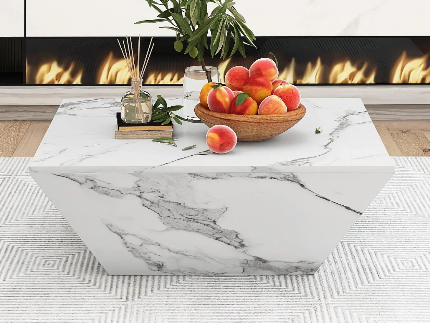Mesa de centro moderna con forma de tambor, chapa de mármol blanco, 2 cajones, madera MDF, 70 x 70 x 37 cm