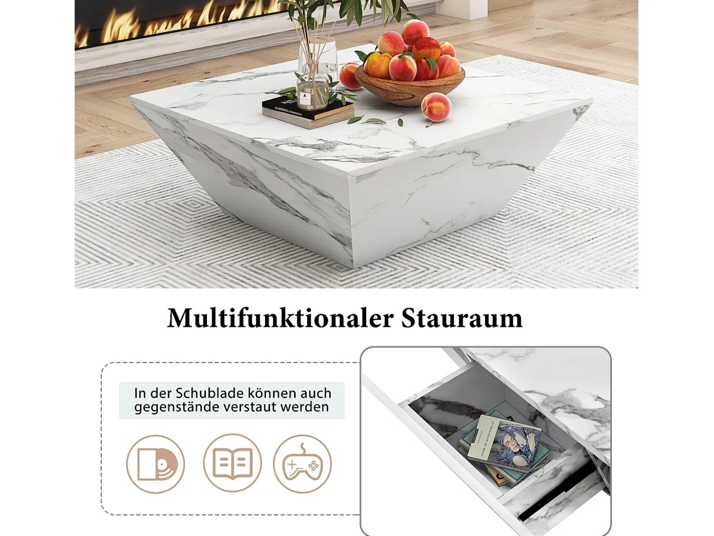 Mesa de centro moderna con forma de tambor, chapa de mármol blanco, 2 cajones, madera MDF, 70 x 70 x 37 cm