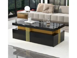 Mesa de centro moderna con 2 cajones en chapa de mármol negro, bordes laterales de metal dorado.