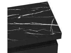 Mesa de centro moderna con 2 cajones en chapa de mármol negro, bordes laterales de metal dorado.